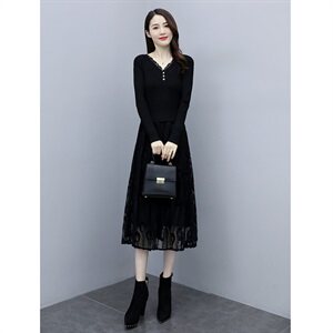 2023秋季新款V领针织3颗扣线衣配蕾丝长款打底连衣裙，女装连衣裙，安之芮娜
