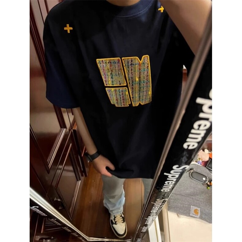 潮牌美式复古宽松短袖t恤男女情侣黑色上衣编织刺绣T5047,男装T恤,星座1116A（原606A-3）