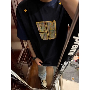 潮牌美式复古宽松短袖t恤男女情侣黑色上衣编织刺绣 T5047图片