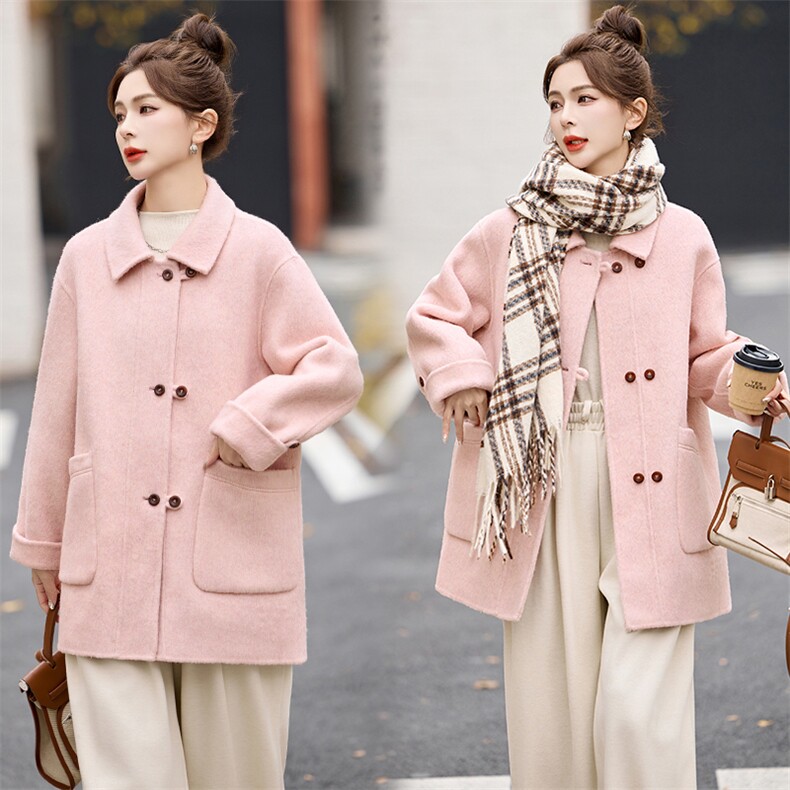 2024冬季新款韩系高级感双面呢绵羊毛大衣女中长款赫本风毛呢外套，女装双面呢大衣，美沁