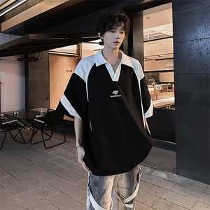 夏季宽松翻领美式高街解构拼接短袖潮XZ808-WH038-P48图片