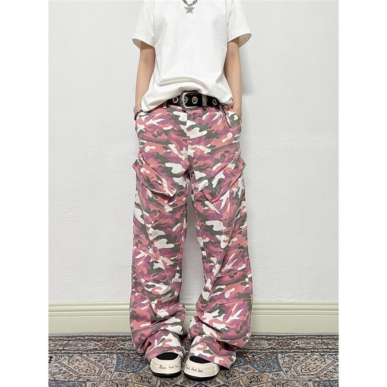 稚丑水洗做旧阔腿宽松cleanfit微喇伞兵工装裤粉色迷彩街头阔腿裤，男装牛仔裤，星座506A