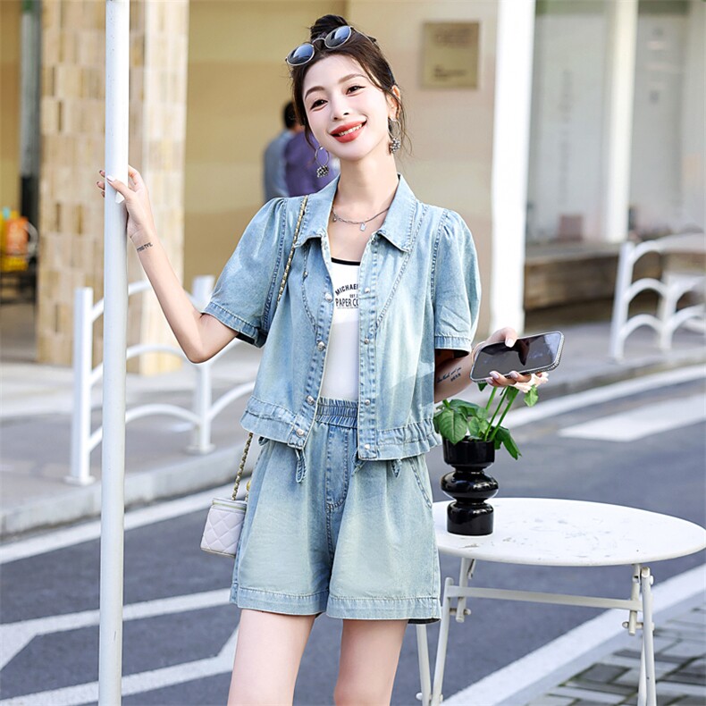 新中式国风牛仔套装女薄款2025夏季新款小个子盘扣阔腿短裤两件套,女装套装/套裙,意芙