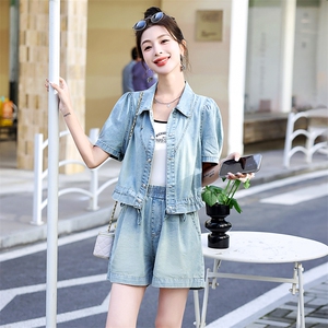 新中式国风牛仔套装女薄款2025夏季新款小个子盘扣阔腿短裤两件套图片