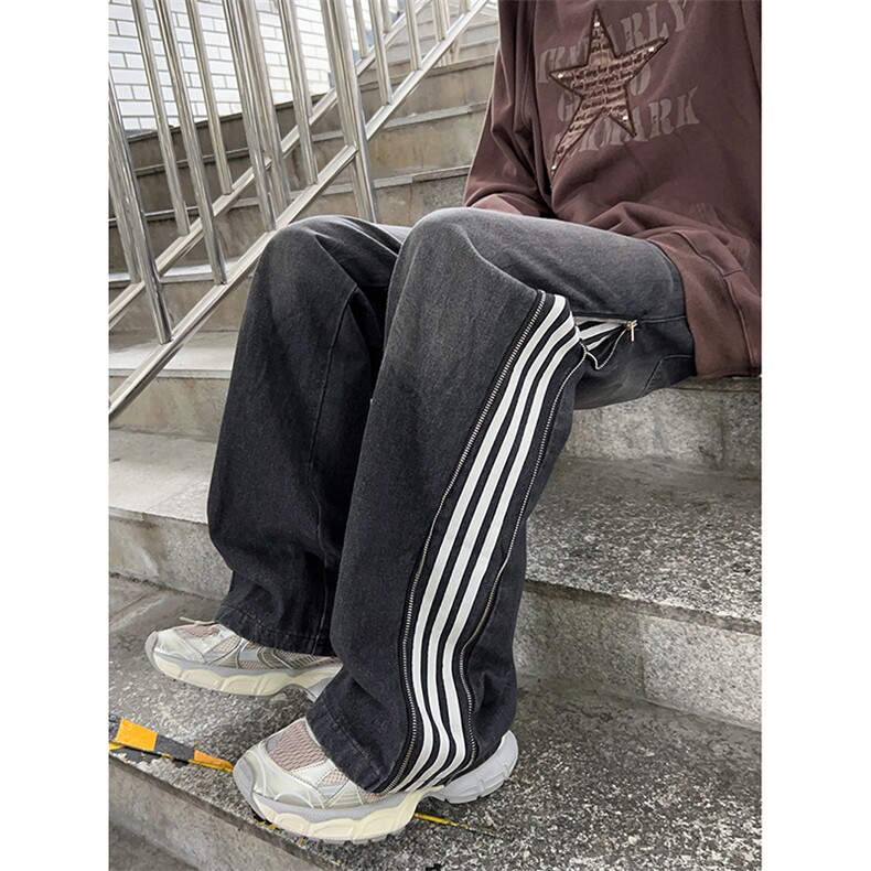 秋冬款男牛仔裤侧边开叉拉链三条杠条纹渐变色牛仔长裤NK8059P55,男装牛仔裤,星座1013-1