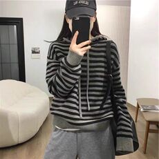 2025年秋季新款百搭女士斑马条纹连帽衫，女装针织衫/毛衣，硕彦羊绒