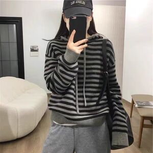 2025年秋季新款百搭女士斑马条纹连帽衫图片