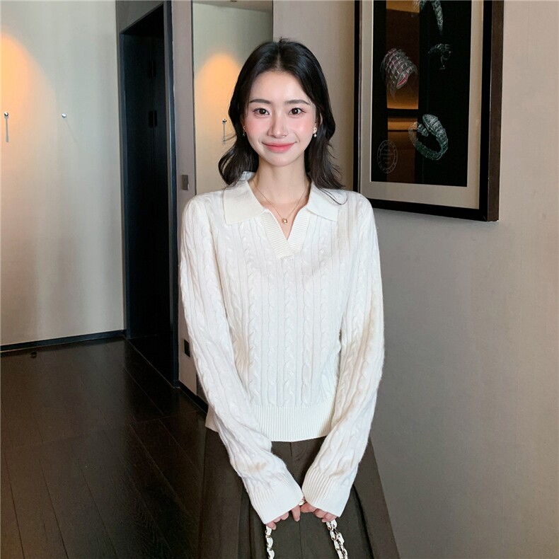 2025秋冬百搭时尚简约polo领翻领抽条针织衫,女装羊绒衫,玛卡隆羊绒