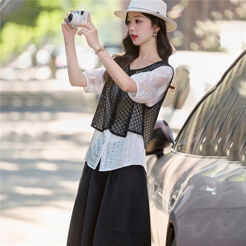 2026年夏季时尚假两件衬衫阔腿裤套装,女装套装/套裙,依路服饰