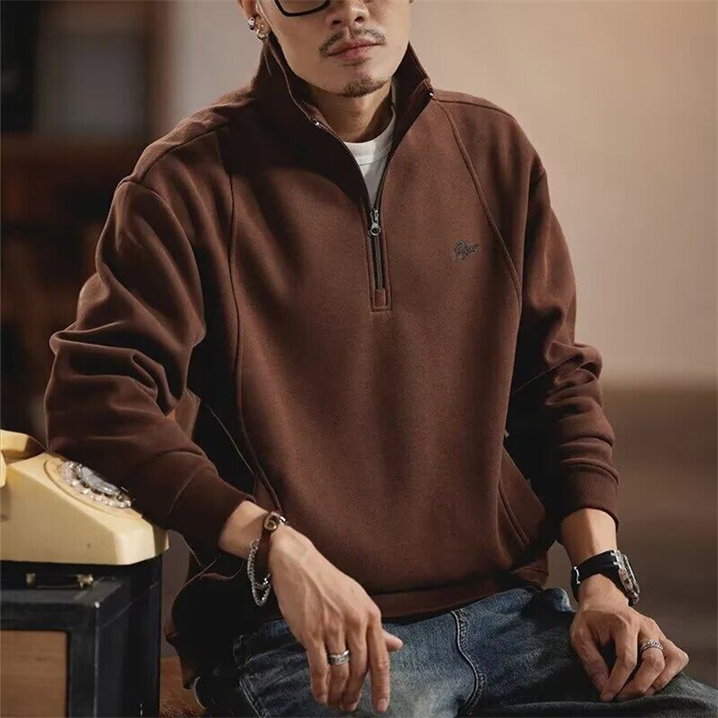 秋冬重磅磨毛刺绣男士卫衣美式复古半拉链立领POLO衫宽松套头外套，男装卫衣，星座506A