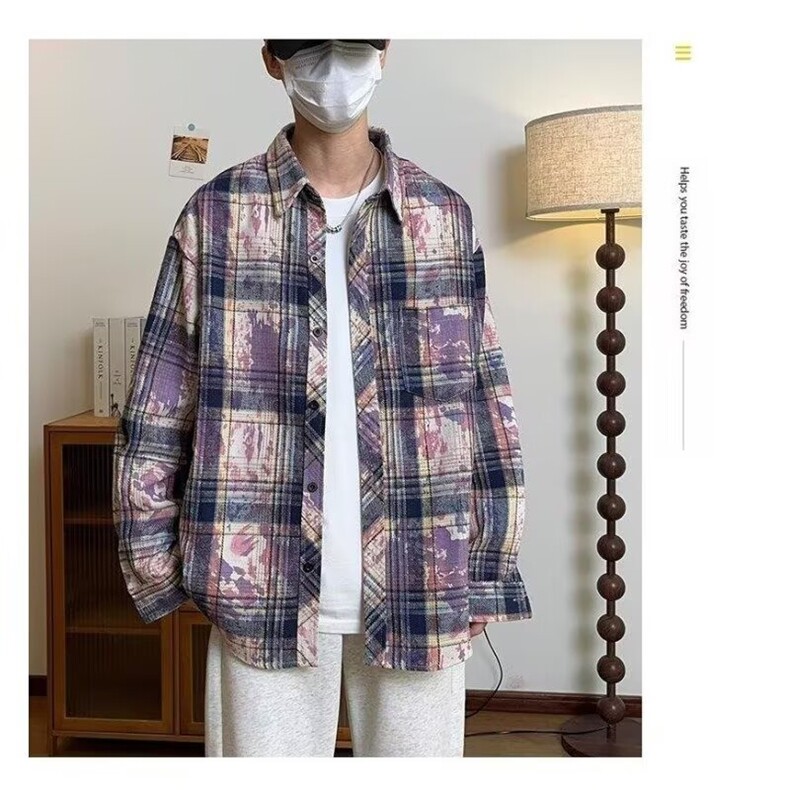 TC483-P45美式复古扎染格子衬衫高级感长袖衬衣情侣款外套,女装衬衫,星座617A-2
