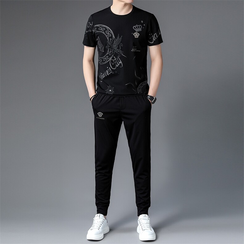 BJ9226夏季男式短袖长裤透气两件套运动休闲圆领修身t恤套装P143，男装休闲套装，电商B360