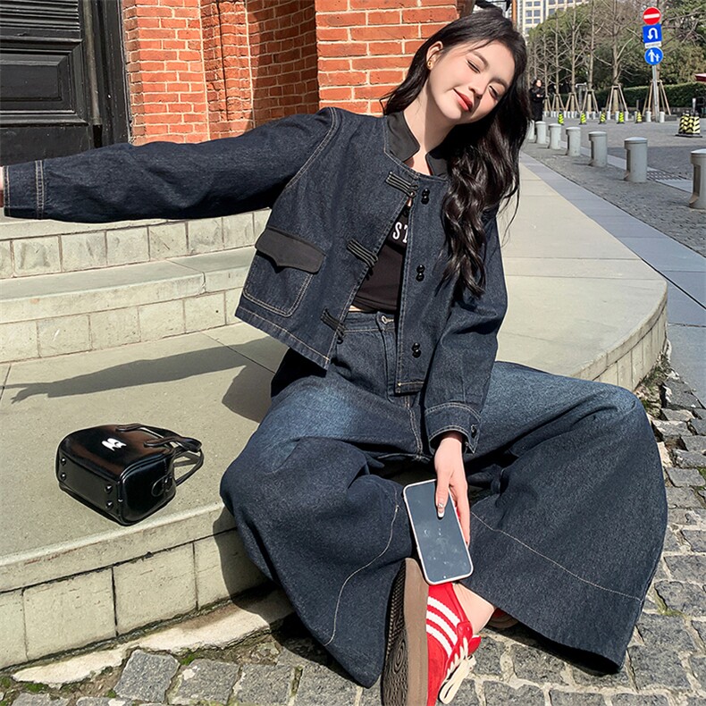 新中式国风穿搭牛仔套装女春夏秋超火好看高级感外套阔腿裤两件套,女装套装/套裙,浙宝305