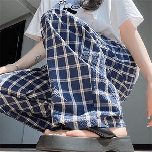 美式高街潮牌男女泡泡格子休闲裤直筒宽松慵懒显瘦阔腿休闲长裤子图片