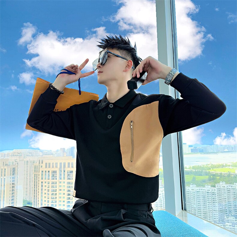 AW217/P78控108秋季社会小伙翻领拼接撞色设计感打底卫衣男黑首,男装T恤,星座305B-1