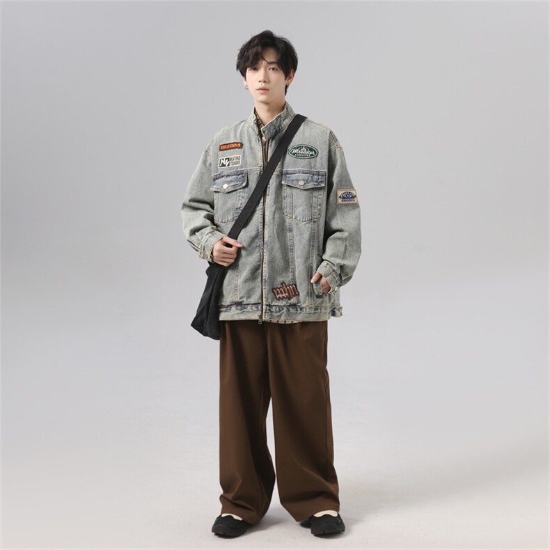 2025潮牌机车风绣标牛仔外套男美式复古做旧翻领棒球服JK1020-P95,男装工装外套,星座1103-3