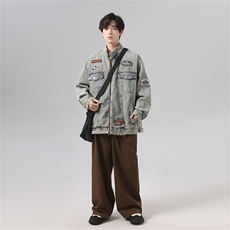 2025潮牌机车风绣标牛仔外套男美式复古做旧翻领棒球服JK1020-P95，男装工装外套，星座1103-3