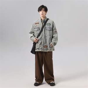 2025潮牌机车风绣标牛仔外套男美式复古做旧翻领棒球服JK1020-P95图片