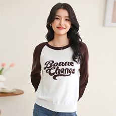 圆领纯棉复古字母提花插肩长袖短款撞色宽松毛衣女针织打底衫，女装针织衫/毛衣，伊绒腾羊绒