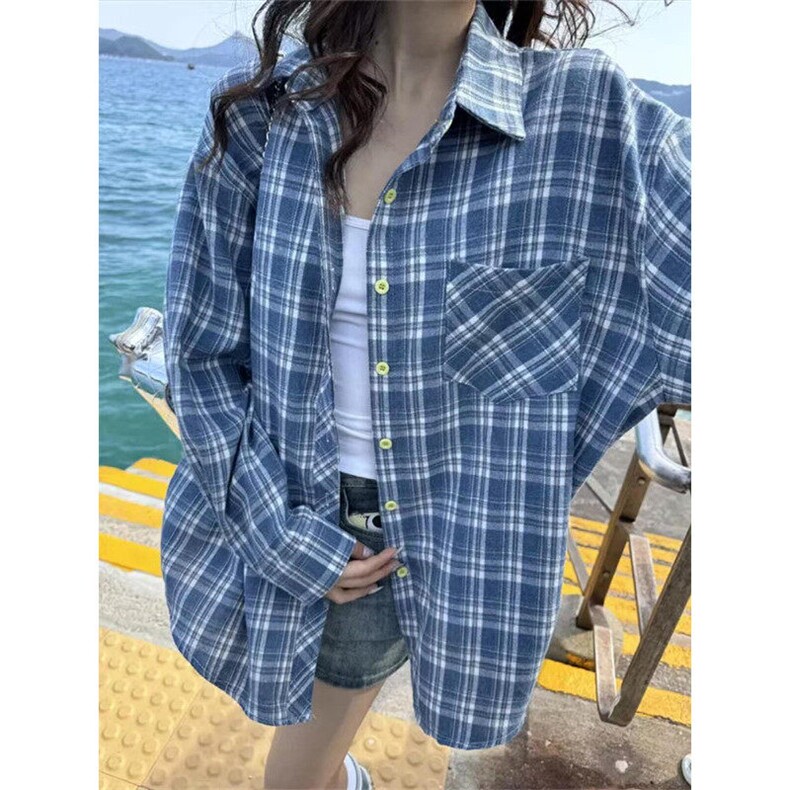 格子衬衫女慵懒风春夏春秋宽松复古衬衣长袖防晒上衣外套CG23,男装衬衫,星座1116A（原606A-3）