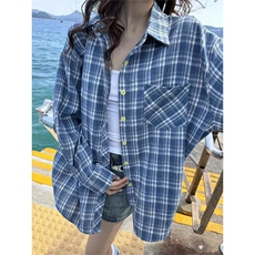 格子衬衫女慵懒风春夏春秋宽松复古衬衣长袖防晒上衣外套CG23，男装衬衫，星座1116A（原606A-3）