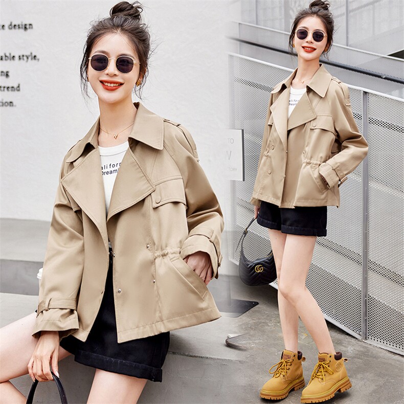 短款风衣外套女双排扣2024年秋装新西装领抽绳韩版小个子女士上衣，女装风衣，艾瑞儿