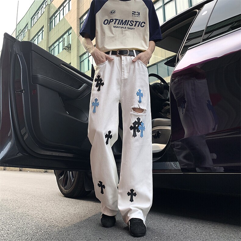 新款贴皮破洞牛仔裤夏季潮流宽松百搭直筒裤，男装皮裤，星座410-6（原星座1304-1）