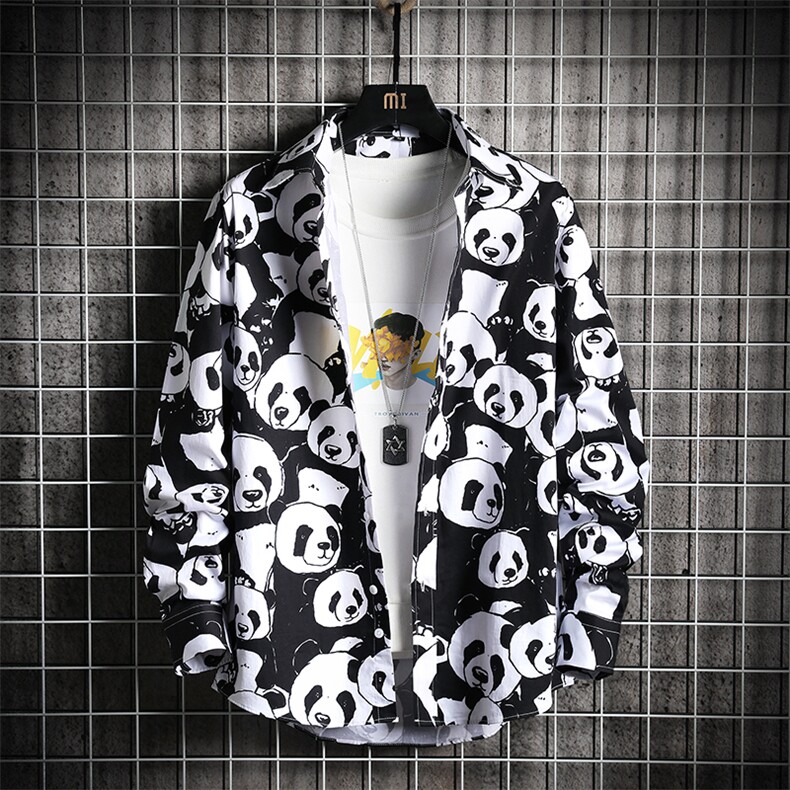 夜间飞行卡通趣味大熊猫图案修身衬衫cs01，男装衬衫，电商B288