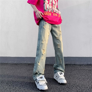 美式破洞牛仔裤男潮牌ins高街痞帅炸街夏季薄款直筒裤子N5335-P48图片