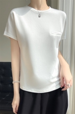 白色黑色t恤女丝光棉圆领宽松正肩短袖设计感小众夏季，女装T恤，暖烁羊绒