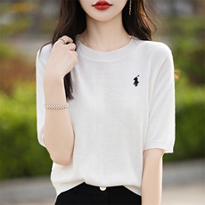 夏新款桑蚕丝羊毛短袖女圆领刺绣高级感薄款T恤宽松针织半袖上衣，女装针织衫/毛衣，片语羊绒