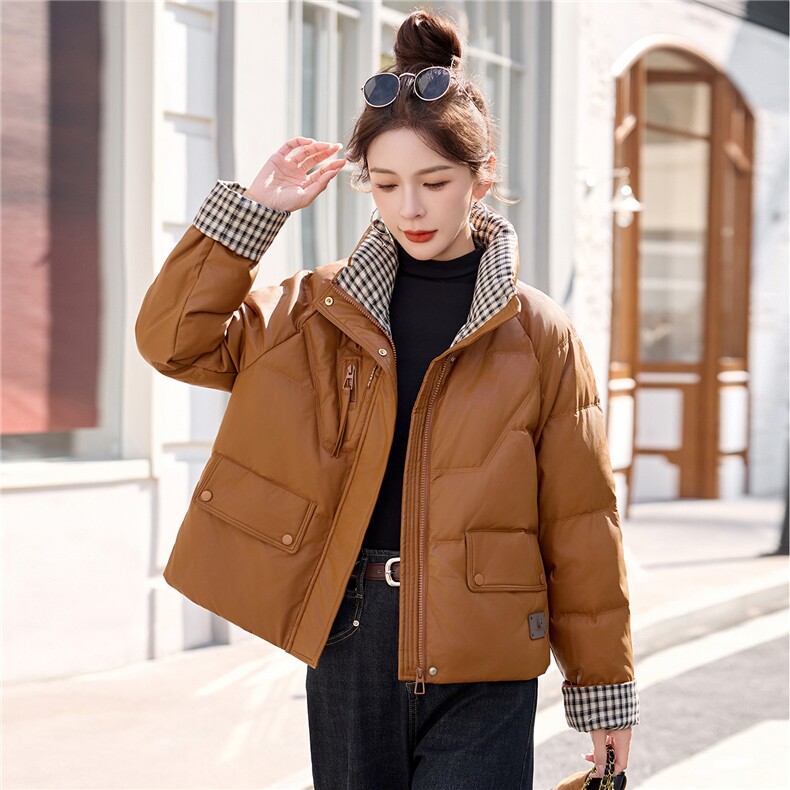 时尚格纹拼接白鸭绒羽绒服皮衣,女装羽绒服,英标秀（1C119）