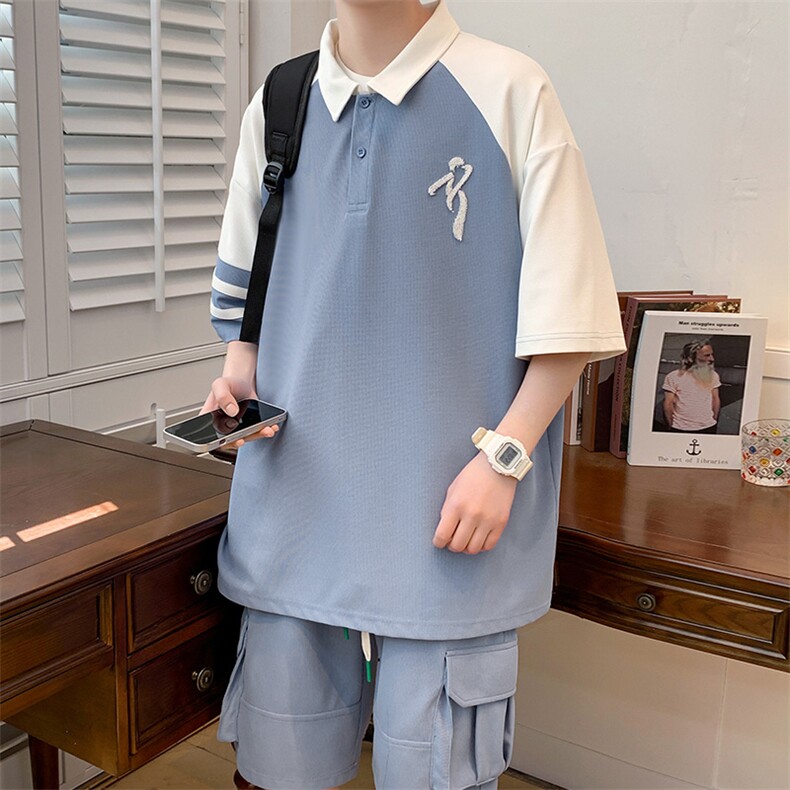 2023夏上新撞色拼接半袖套装刺绣翻领Polo衫男女6625-P65控价88，男装Polo衫，电商A441-1