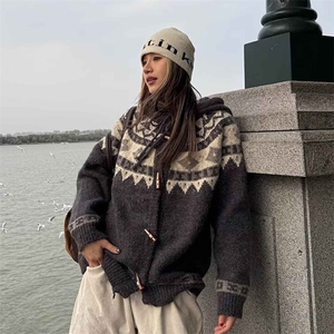 重磅秋冬北极绒开衫毛衣美式复古休闲慵懒风牛角扣针织衫连帽外套图片