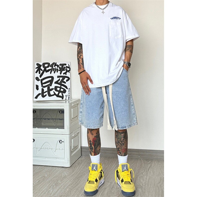 抖音品质夏季新款大粗抽绳港风休闲牛仔五分裤B315-K5036-P45控55,男装牛仔裤,电商B315