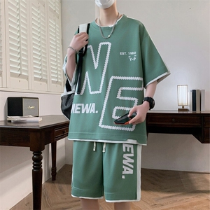 港风套装男休闲宽松冰丝青年圆领短袖T恤短裤两件套-JZ6208-P38图片