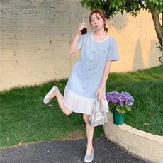 蓝色小香风连衣裙女夏新款设计感小个子百褶拼接名媛气质显瘦裙子，女装连衣裙，2C115