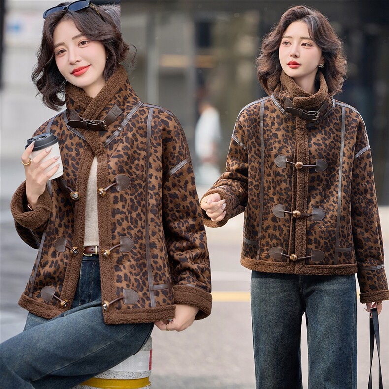皮毛一体豹纹短款外套女2025冬季加绒加厚保暖洋气麂皮绒夹克上衣,女装羊羔毛/颗粒绒,涵墨
