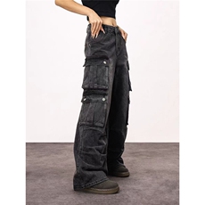 美式复古水洗黑色直筒牛仔裤男女口袋休闲工装牛仔裤-网图，女装牛仔裤，星座302B-2