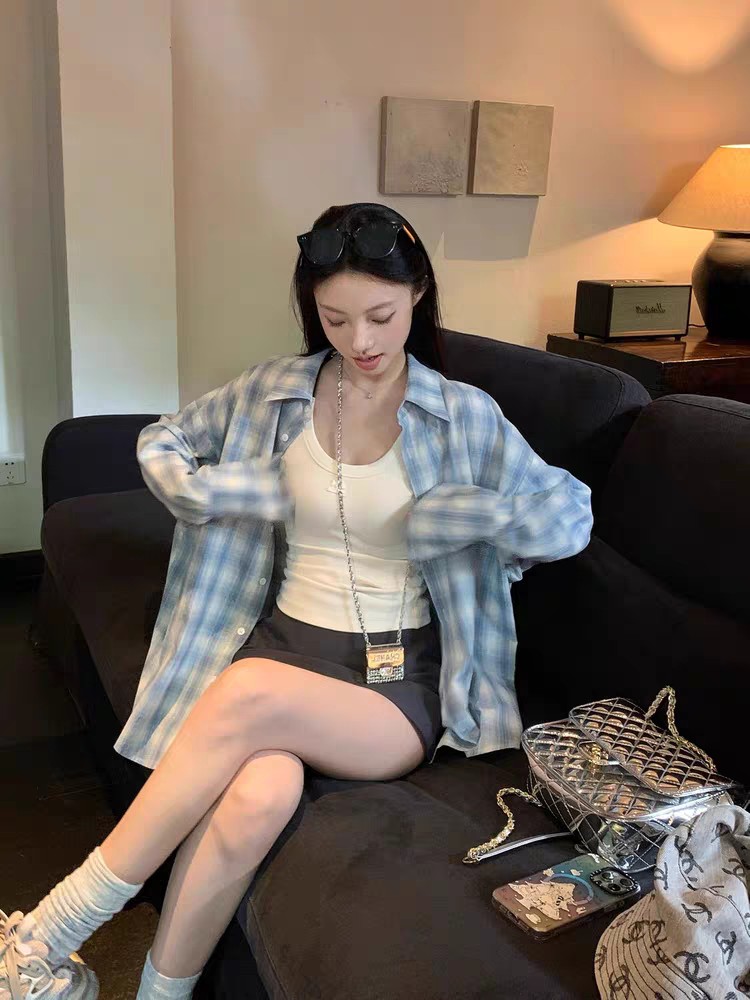 显白海盐特调格子设计感长袖防晒衬衫,女装衬衫,湘姗
