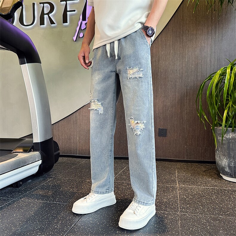 2025新款水洗牛仔裤男士破洞宽松直筒休闲牛仔裤男潮901N06P48,男装牛仔裤,星座901