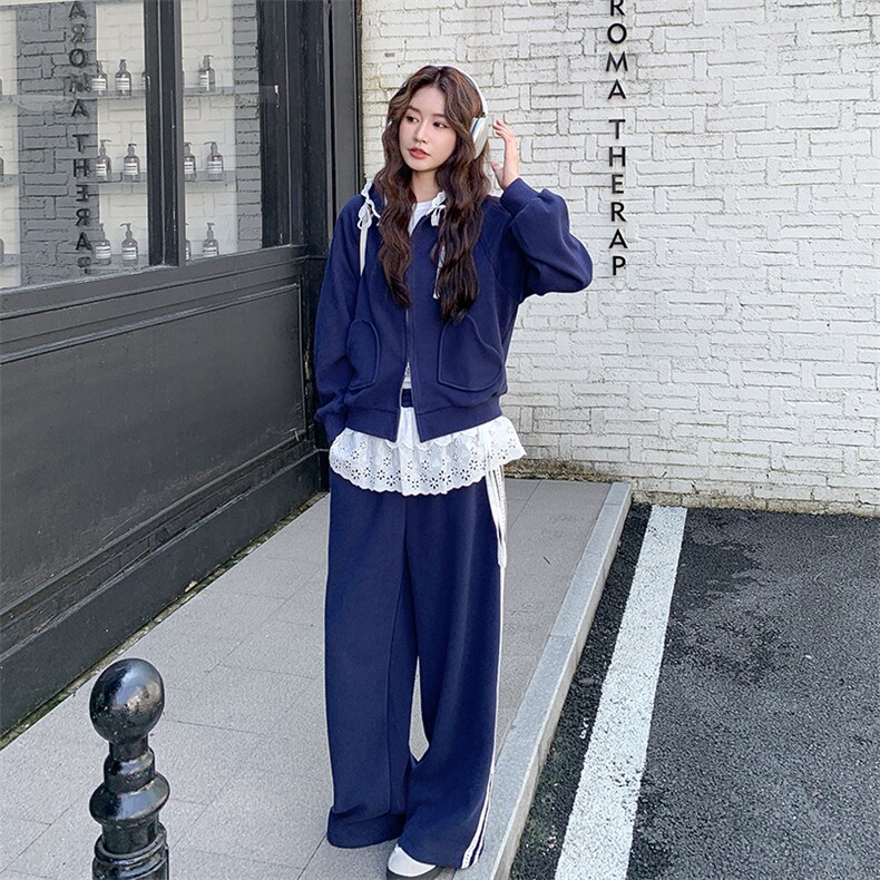 春装新款韩系学院风花边拼接休闲开衫卫衣套装2101P200K328,女装套装/套裙,2C219