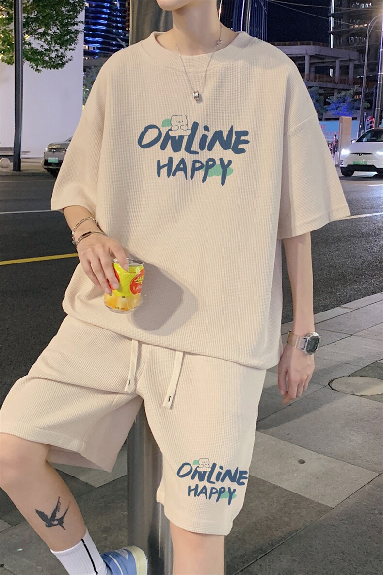 wassuphappy华夫格短袖男夏季潮牌港风宽松休闲五分裤子运动套装,男装T恤,电商B220