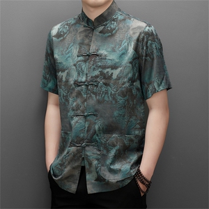 唐装男士中老年人夏装男装风衣服爷爷短袖汉服爸爸装上衣图片