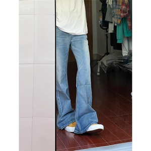 浅蓝色微喇牛仔裤男夏季薄款美式高街显瘦裤子cleanfit高腰直筒裤图片