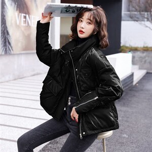 现货2024年冬季新款免洗亮面时尚韩版90白鸭绒立领羽绒服,女装羽绒服,卡杰菲