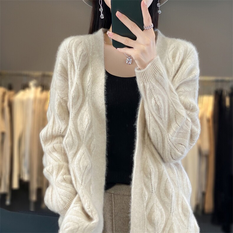 重磅中长款100羊毛开衫女V领绞花加厚针织外套毛衣宽松羊绒衫上衣图片