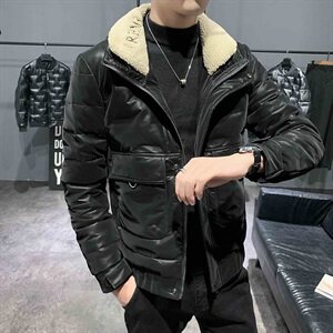 店主风pu皮羽绒服毛领刺绣立领男士冬季保暖外套C301B-YR01图片
