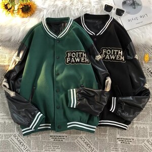高街美式复古十字架刺绣棒球服男拼皮潮牌休闲夹克外套WT445-P60图片