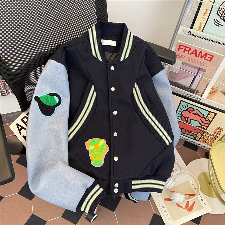 美式拼接徽章刺绣毛呢棒球服夹克男女潮牌外套2025春秋W6716-P68,男装夹克,星座412-1